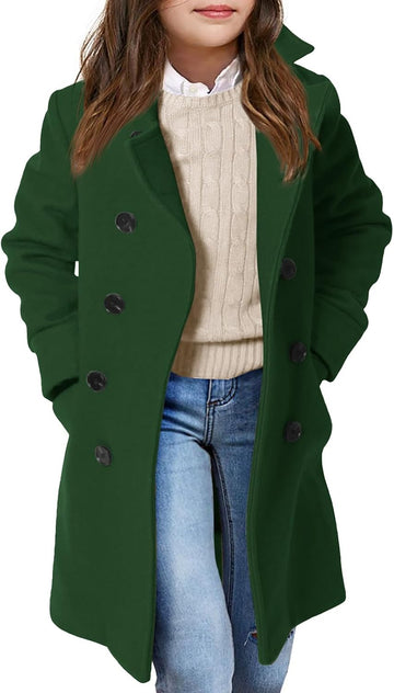 Girls Double Breasted Trench Coat Notch Lapel Long Peacoat