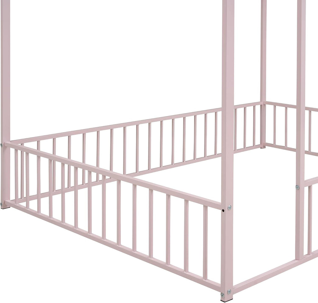 Floor Bed Frame with 13.2" HFull-Length Guardrails & Roof, Metal Montessori Floor Bed with Low