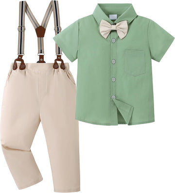 Boys Clothes Formal Suit Gentleman Wedding Outfit Short Sleeve Shirt with Bow Tie and Suspender Pants