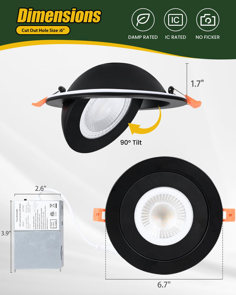 Gimbal LED Recessed Lighting - 6 Inch 5CCT 12W 360° Rotation Adjustable Eyeball Light, LED Swivel Spotlight