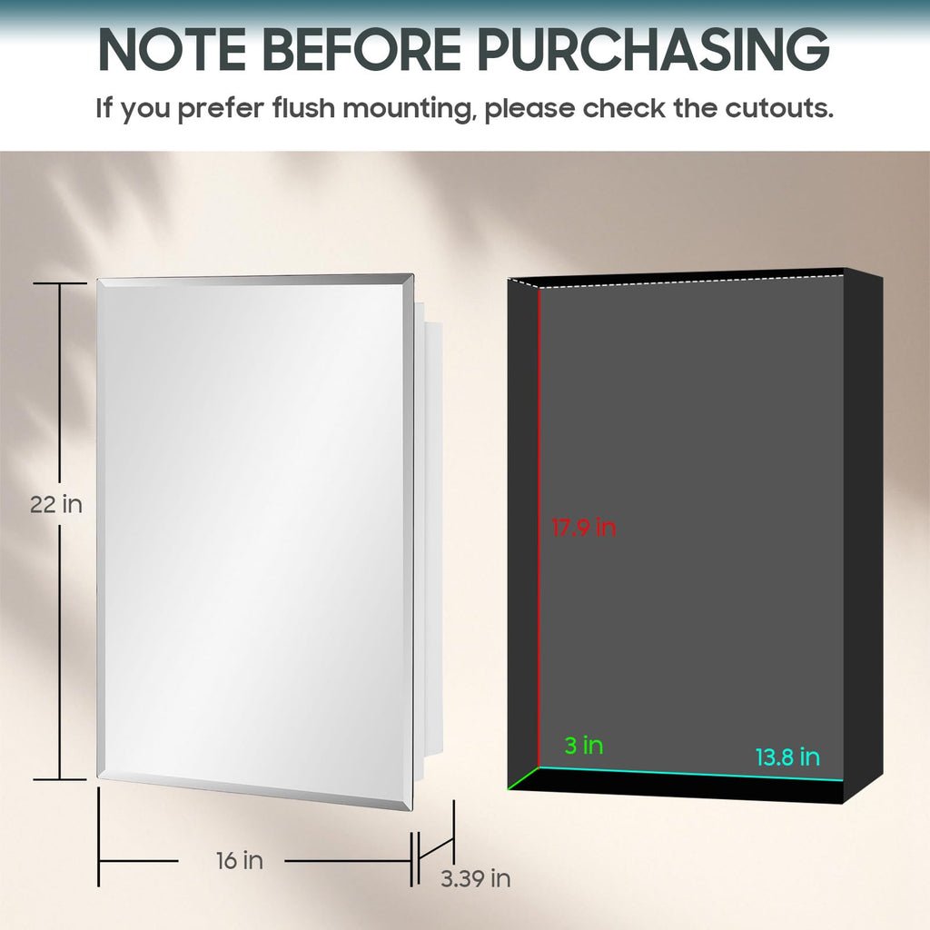 16x22 Plastic Medicine Cabinet with Mirror, Recessed or Surface Mount