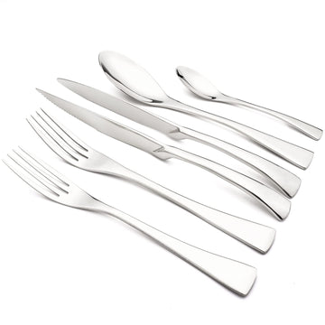 24-Piece Silver Flatware, Mirror 18/10 Stainless Steel Modern & Luxury Dinnerware Set With Serrated Steak Knife