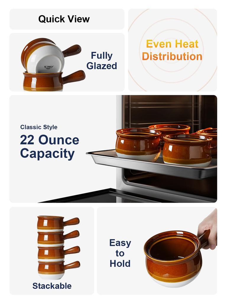 French Onion Soup Bowls, 22 Ounces Ceramic Soup Bowls with Handles for Soup, Cereal, Chilli, Beef Stew, Soup Crocks