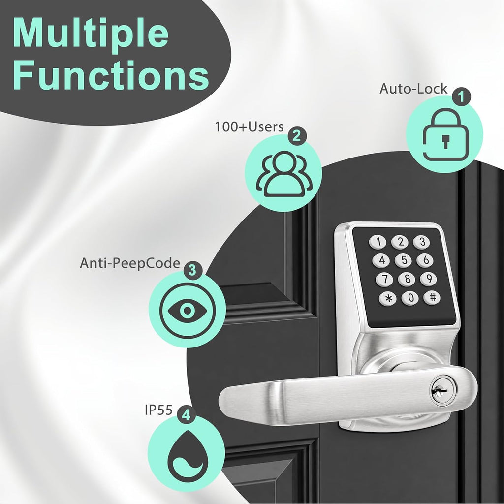 Keypad Door Knob with Handle - Keyless Entry Door Lock with Keypad, Electronic Door Knob with IC Card & Key, Satin