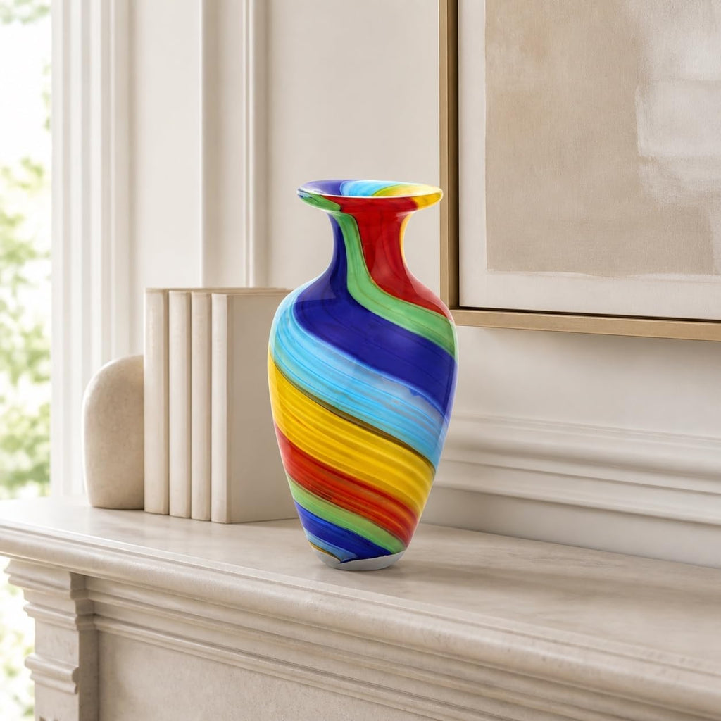 Rainbow Murano-Style Art Glass Vase - 10" Tall Mouth-Blown Glass Vase - Contemporary Home Decor Accent Piece