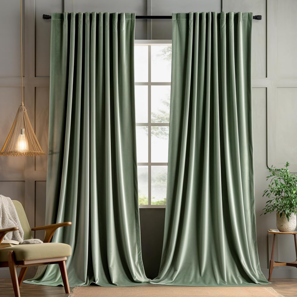 Sage Green Polyester Curtains 96 inches 2 Panels - Pinch Pleated Luxury Room Darkening Window Drapes for Bedroom