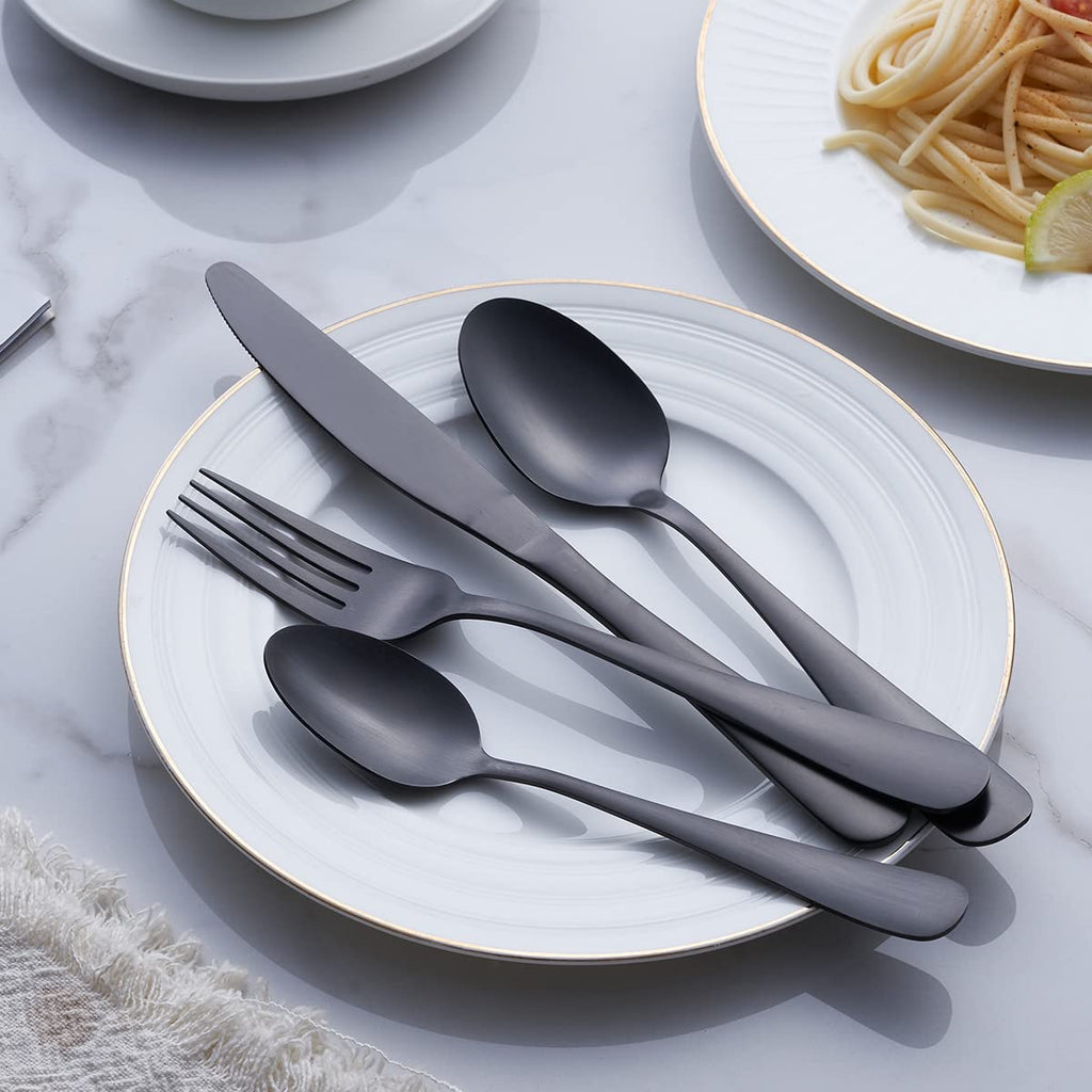 Matte Black Silverware Set, 24-Piece Stainless Steel Satin Finish Flatware Cutlery Set, Service for 6, Dishwasher Safe