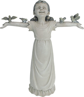 Basking in Glory Little Girl with Birds Outdoor Garden Statue, Medium, 16 inches tall, Cast Stone Resin, Two Tone