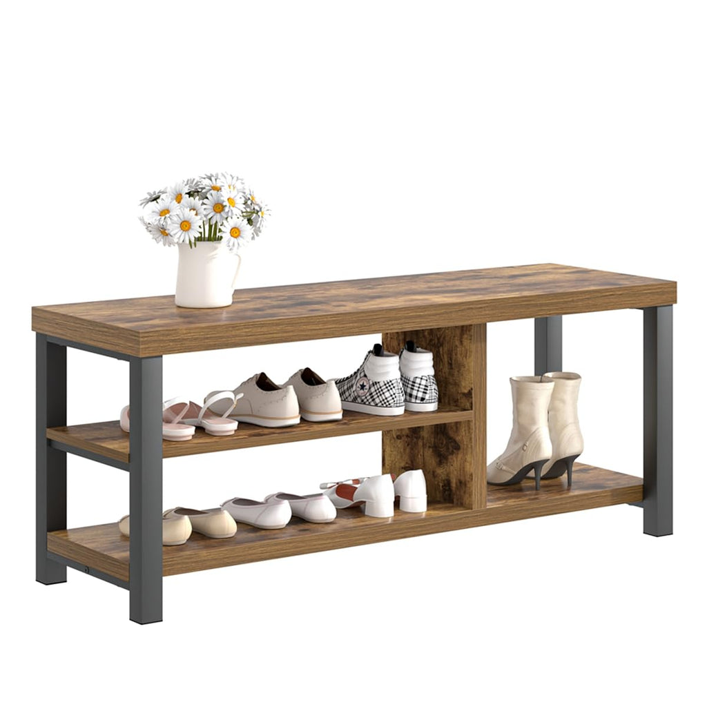Shoe Bench, Modern Wood Storage Bench Hallway, Industrial Indoor Shoe Rack Bench Seat Bedroom, 43.3 Inch Rustic Brown