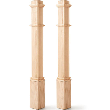 2 Pcs 48 Inch Red Oak Stair Newel Post with 3 1/2" Post and 4 1/2" Pedestal, Wood Box Newel with Pedestal for