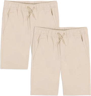 Boys' School Uniform Pull on Stretch Twill Shorts, Drawstring Waist, Multipack