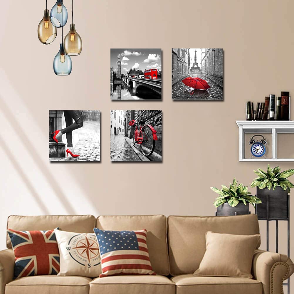 Black and White Wall Canvas Print Paris Eiffel Tower 4 Panels Red Pictures Decor Living Room Bedroom Bathroom