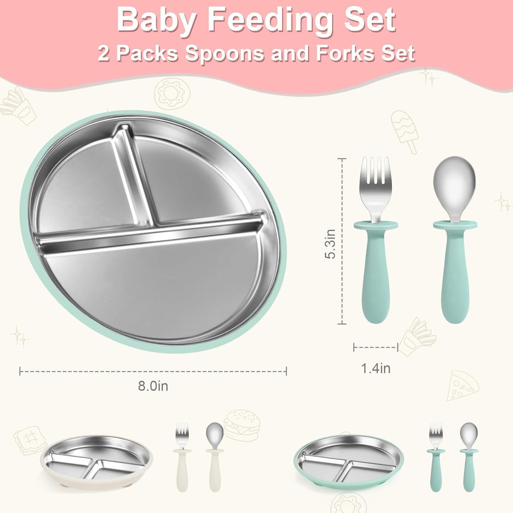 Feeding Set, 2 Pack Stainless Steel Divided Plate with Silicone Suction, 2 Set Spoons and Forks, BPA Free, Dishwasher