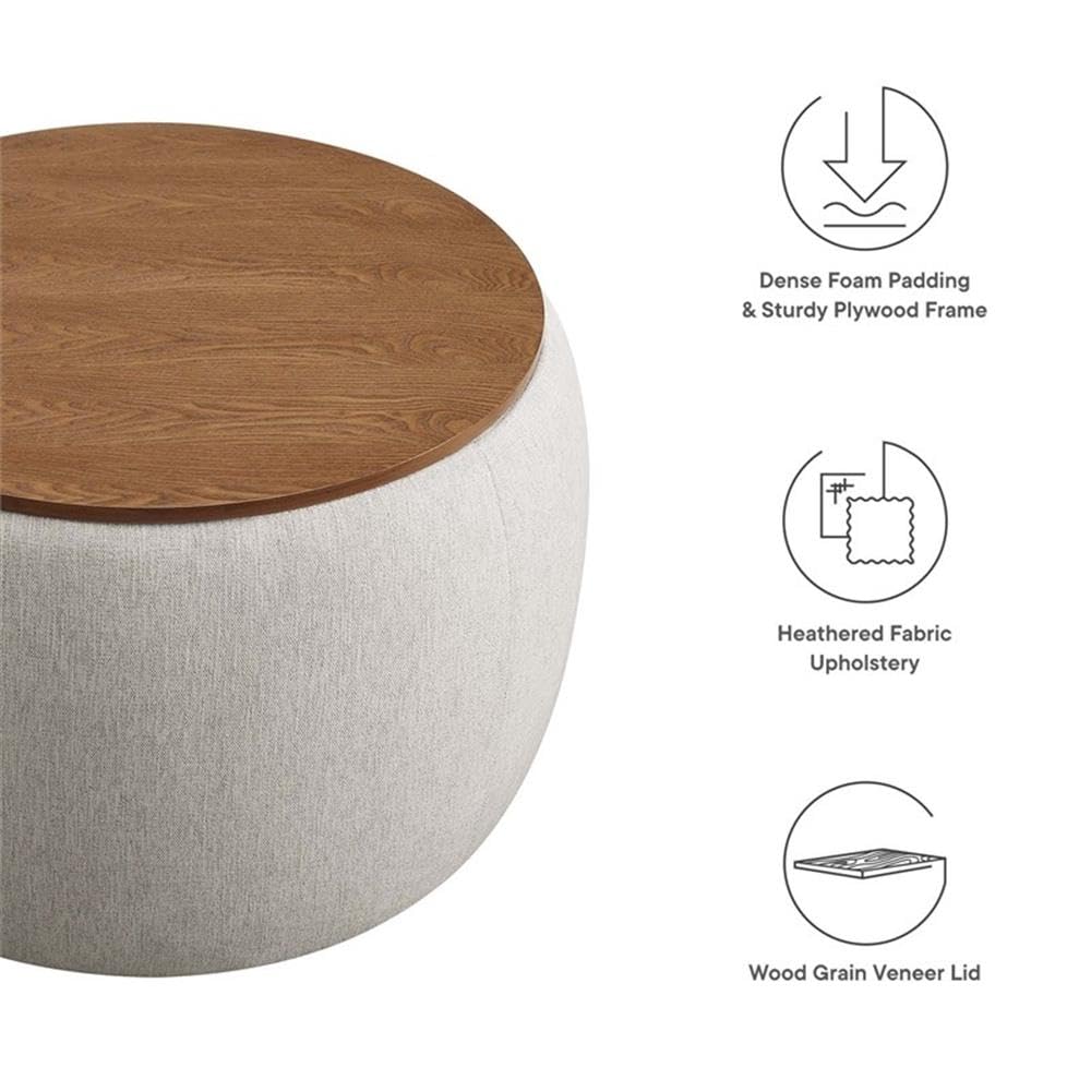 Perla 26 Inch Round Storage Ottoman with Tray Lid in Ivory Fabric -Heathered Fabric Ottoman - Versatile Footrest