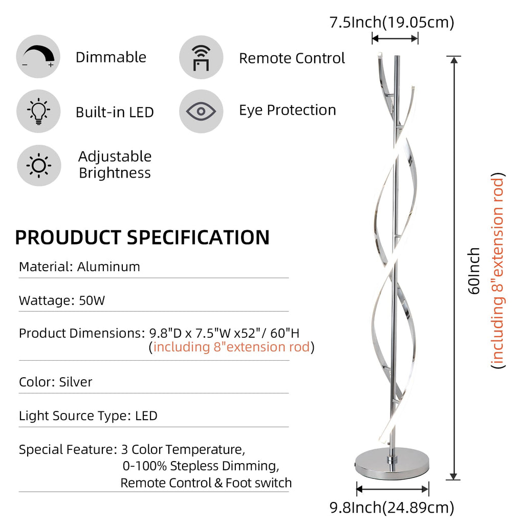 40W LED Modern Floor Lamp Remote Control Dimmable Spiral Floor Lamp Indoor Tall Lamp Floor Lamps s Family Rooms