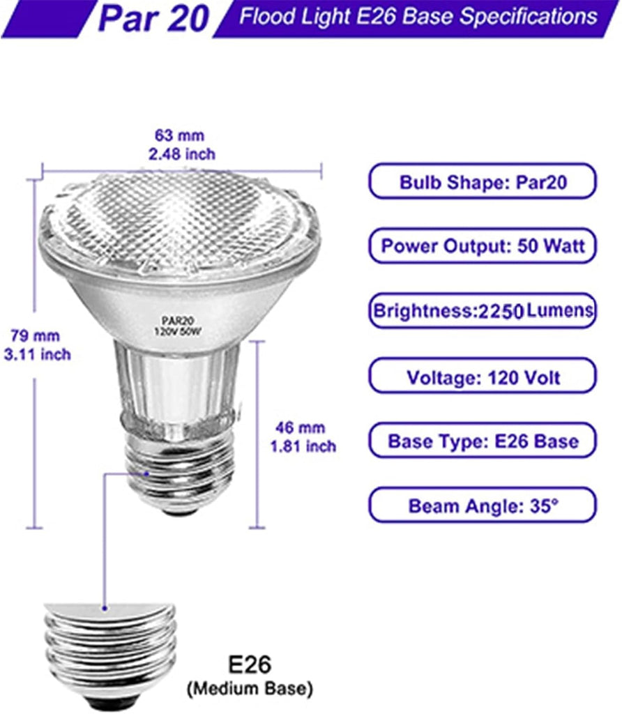 PAR20 Flood 50W 120V Bulbs, 2 Pack 50 Watt PAR20 Halogen Bulb, Dmimable Reflector Par20 Flood 50W 120V Warm White