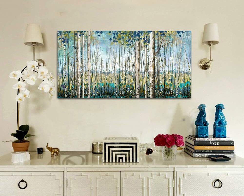 Large Framed Birch Tree Canvas Wall Art Nature Painting Decor | Teal Artwork, and Office Pictures 24×48IN