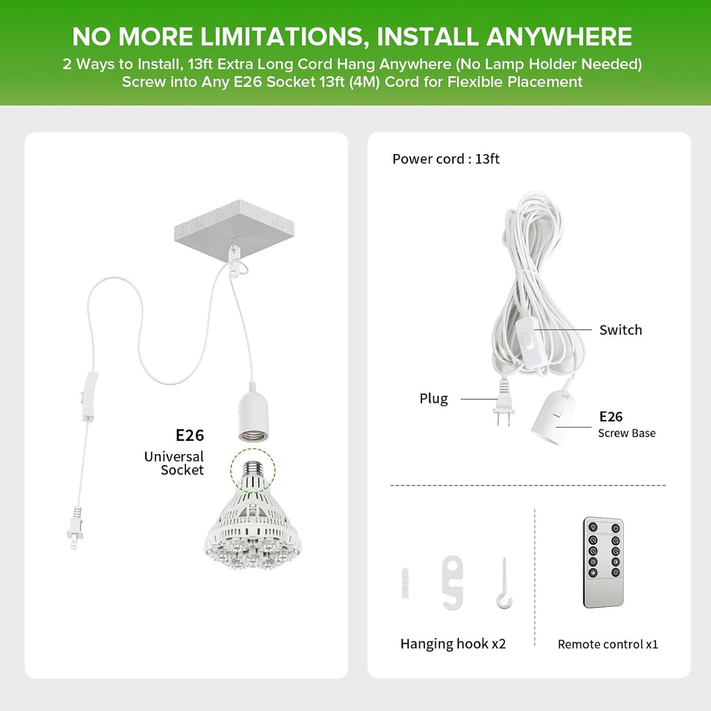 40W Hanging Grow Light Bulb with Remote, E26 Plant Light