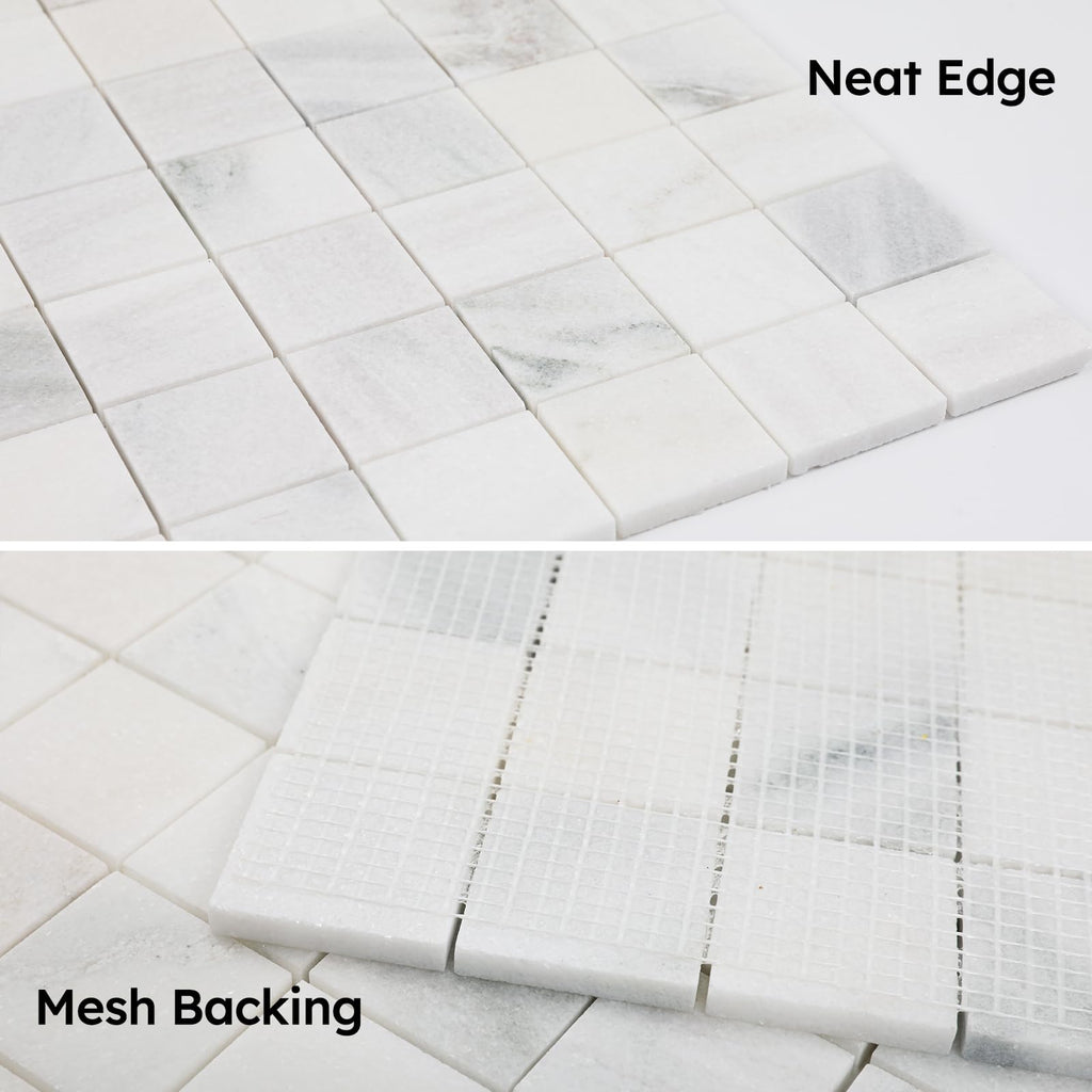 Natural Marble Mosaic Tile, 2x2 Inch Square, Honed, Pollen Thassos Marble Backsplash Tiles Bathroom Wall Floor, Pack