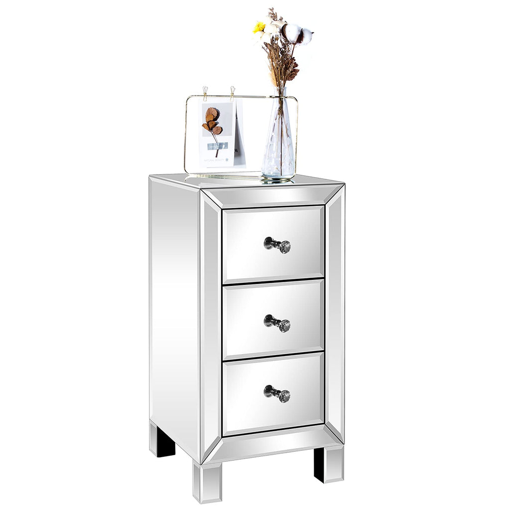 3-Drawer Mirrored Nightstand End Table Bedside Table, Silver, 11.7" L x 11.8" W x 23.8" H