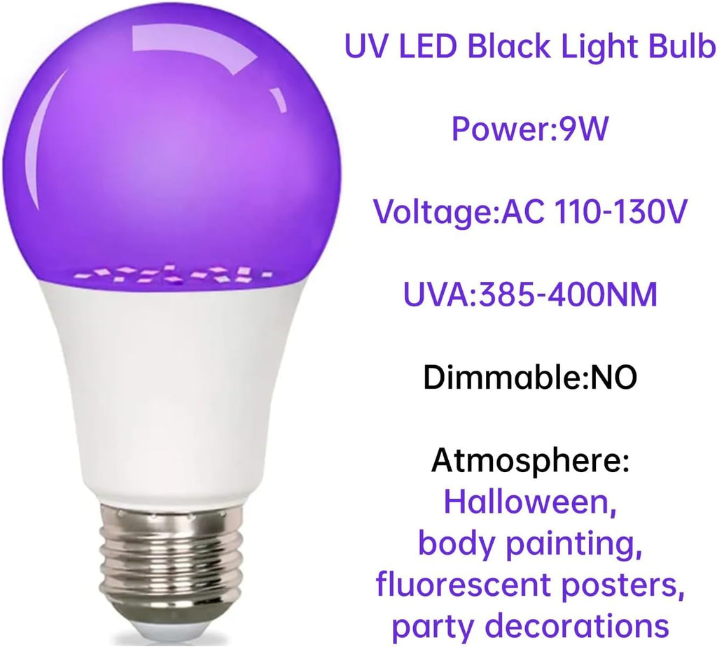 4 Pack LED Black Light Bulb 9W, A19,E26 Base,Party Glow Decor, Non-Dimmable