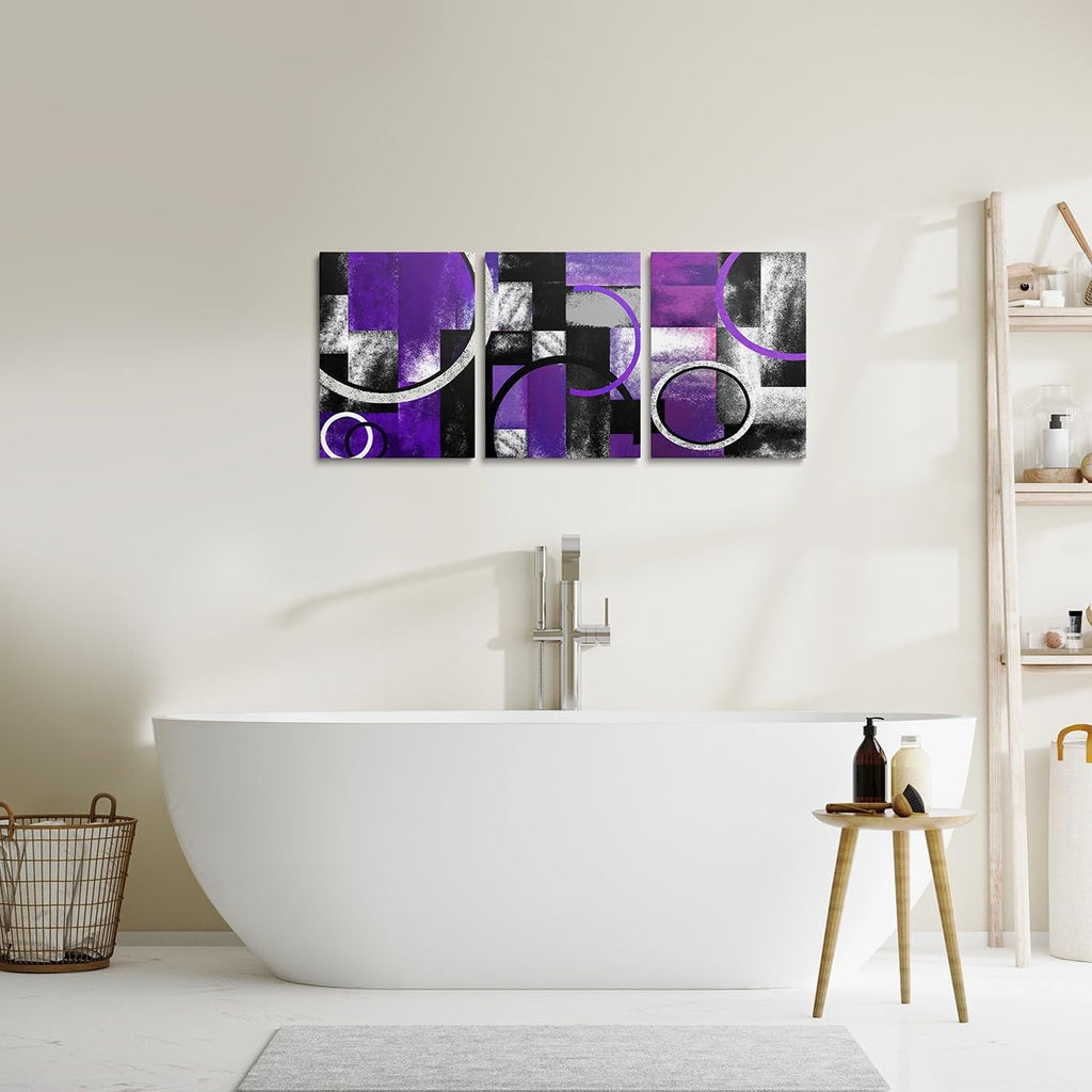 Purple & Grey Black Canvas Wall Art - Geometric Circle & Rectangle Square Bathroom Wall Decor Decor Abstract Artwork