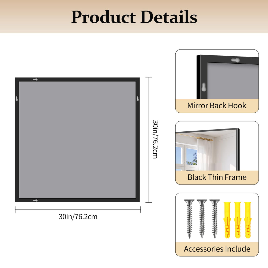 Black Bathroom Mirror for Wall, 30x30 Inch Rectangle Mirrors with Metal Frame, Modern Vanity Wall Square Mirror