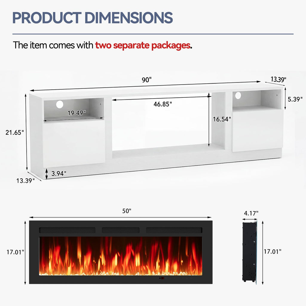 90" TV Stand with 50" Electric Fireplace, Large Modern Media Entertainment Center with Storage Cabinet and 12 Colors