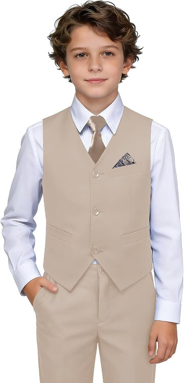 Boys Suit Kids Dress Pants Vest Suits Set with Shirt Tie Pocket Square