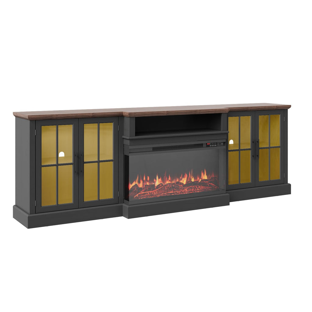 98" Farmhouse TV Stand with Fireplace, Black & Black