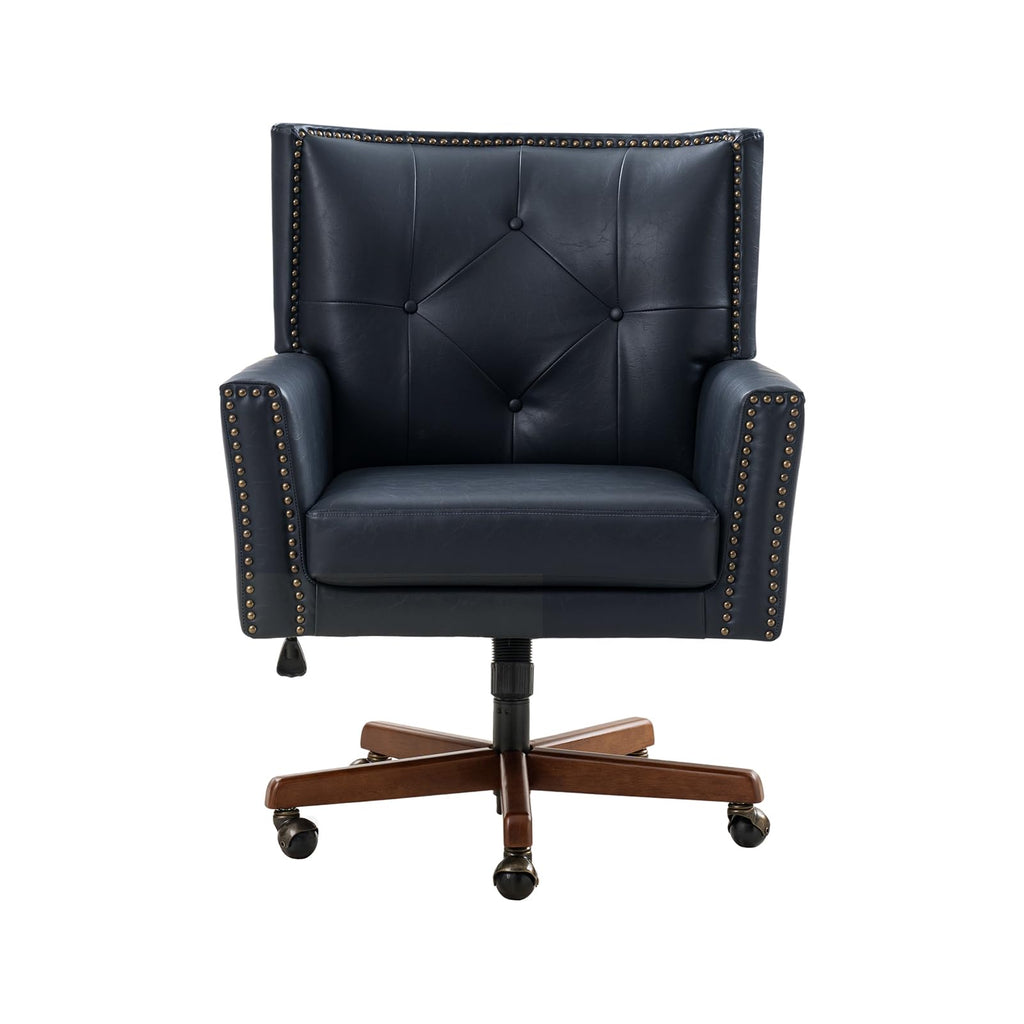 Faux Leather Office Chair with Tilt Function & Wood Base, Navy