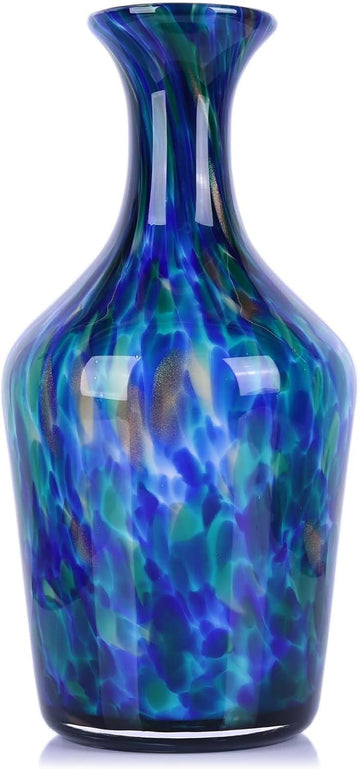 Hand Blown Glass Vase Teal Mosaic (Blue Green Splash) - Murano Inspired Art Glass Vase with Wide Mouth for Flowers