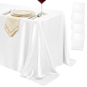 4 Pack White Satin Tablecloth 58 x 102 Inch Overlay Seamless Design