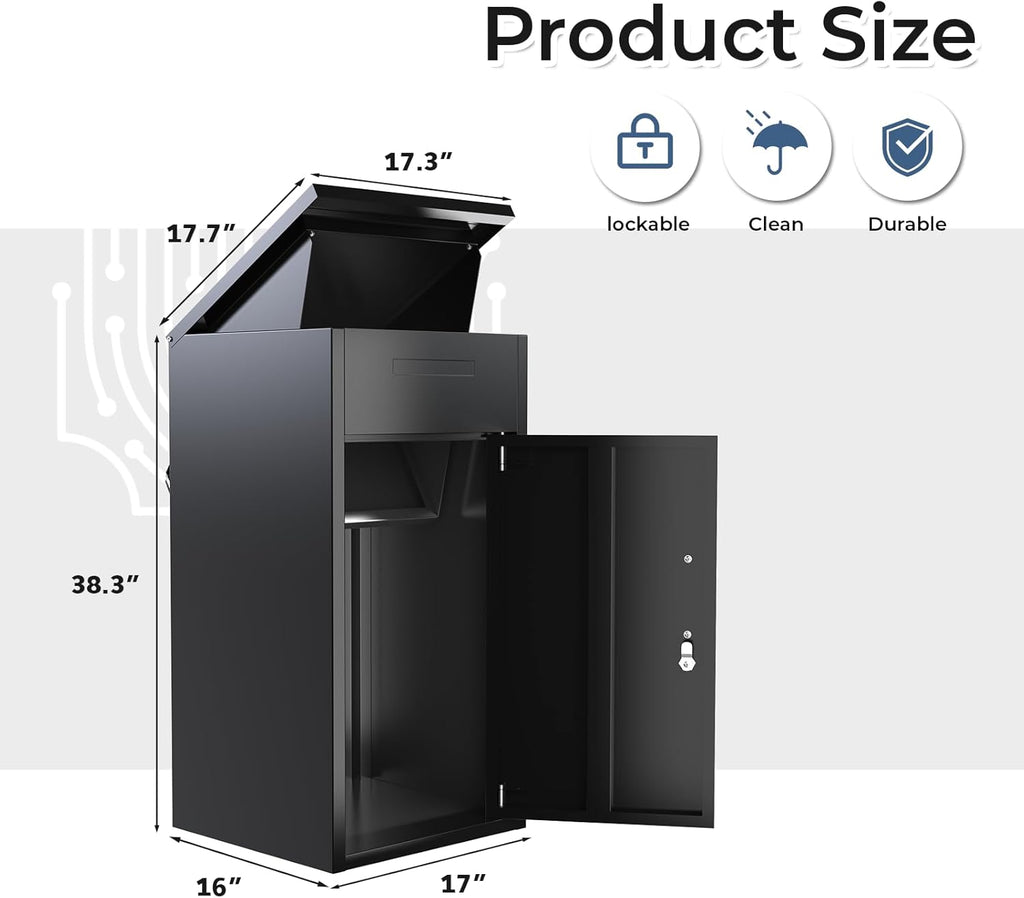 Package Delivery Box Theft Parcel Drop Box with Mailbox Waterproof Weather Resistant Full Metal Frame (Black
