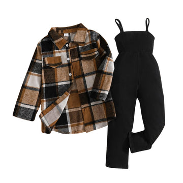 Toddler Girl Clothes Plaid Long Sleeve Button Down Shirt + Corduroy Overall Jumpsuit 2pcs Girls Fall Winter Outfit