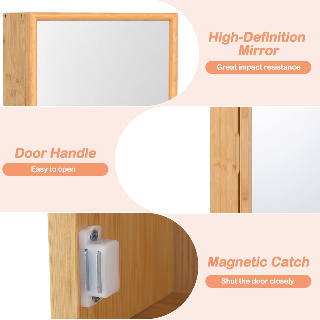 Bamboo Medicine Cabinet with Mirror, 14" x 24" Small Bathroom Mirror with Storage, 2 Removable Shelves, Farmhouse