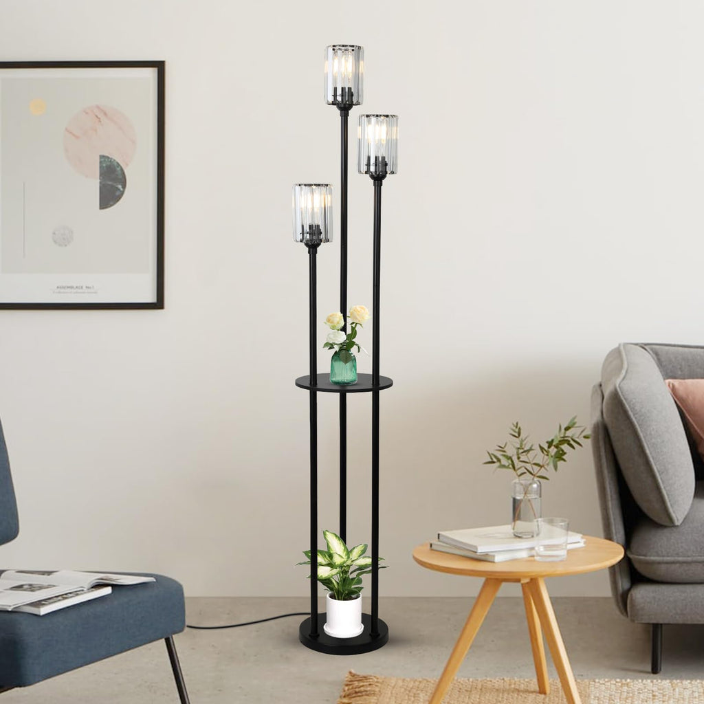 Crystal Floor Lamp with Shelves, Modern Floor Lamps, 3-Light Standing Lamps with Table, Black Tall Lamp with Crystal