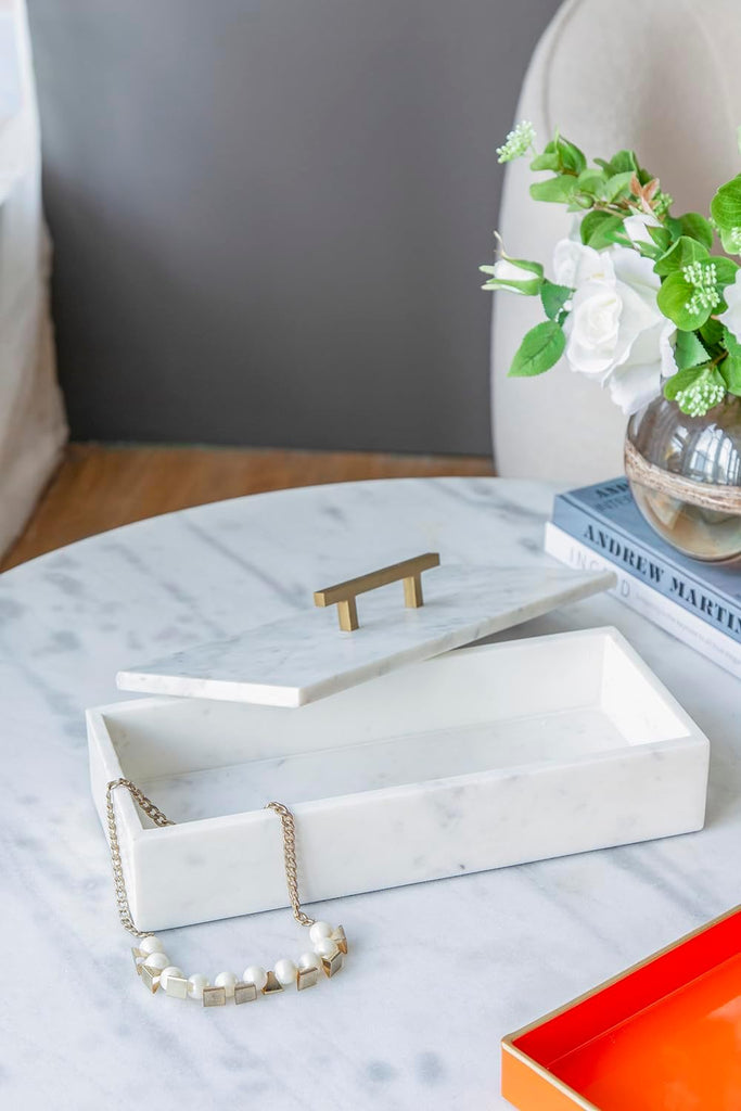 White Marble Rectangular Box with Brass Handle, Contemporary Accent Box, Storage Box, Removable Lid, 14.5" x 7"