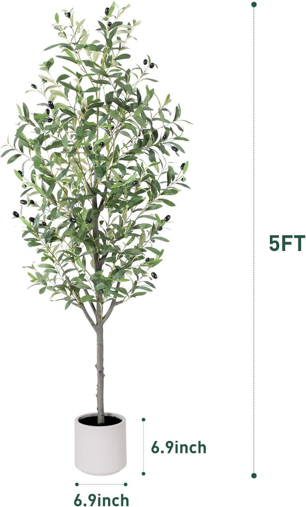 Olive Tree Artificial Indoor, 5ft Tall Silk Faux Olive Tree with White Planter, Artificial Plants with Natural Wood