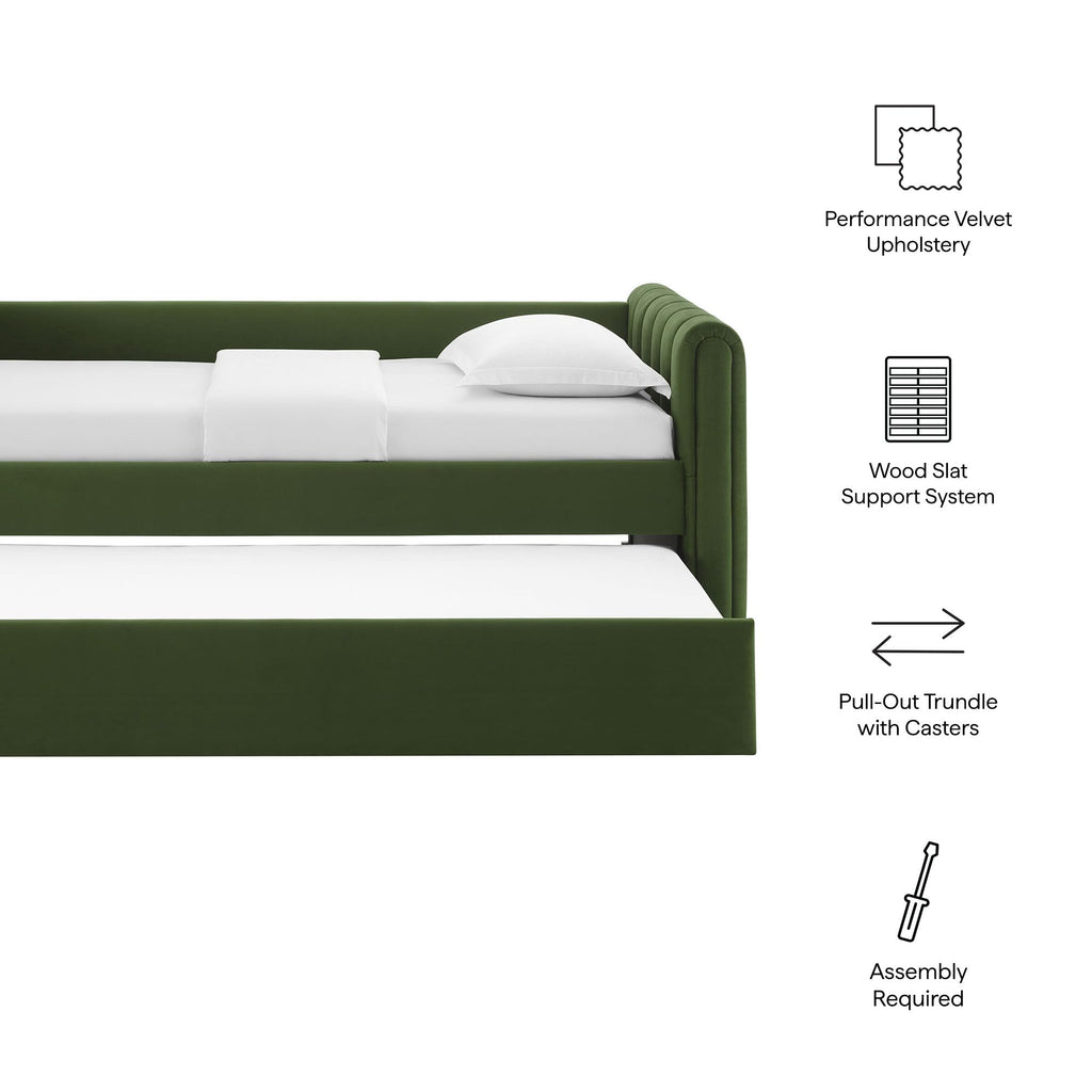 Veyla Twin Size Performance Velvet Daybed in Moss Green with Trundle - Channel Tufted Upholstered Sofa Bed with Wood
