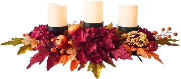 26 Inch Fall Candle Holder Centerpiece with Hydrangea and Apples | Three Candle Cups, Burgundy Hydrangea and Faux