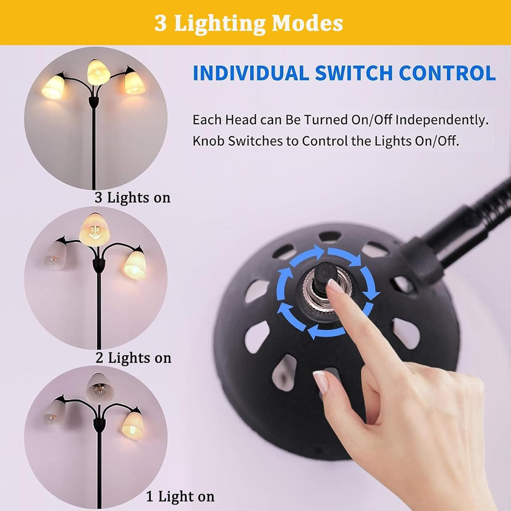 Modern Reading Floor Lamp, 3-Light Floor Lamp Black with Reading Lamp, Adjustable Flexible Tree Standing Lamp Study