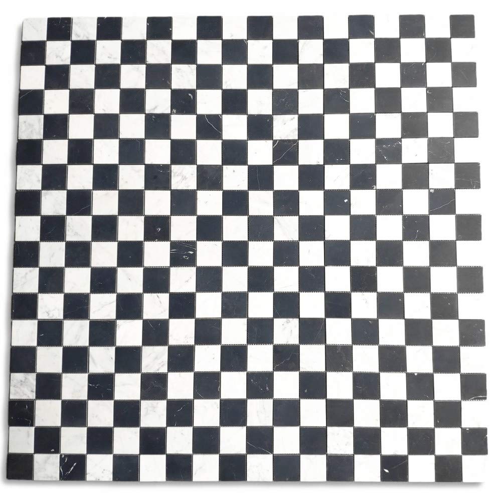 Carrara White & Nero Marquina Black Marble 2x2 Checkerboard Mosaic Tile Honed Kitchen Bath Wall Floor Backsplash