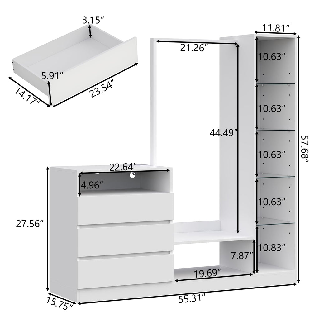 Wardrobe Dresser with Hanging Rack and Drawers, Led Wardrobe Dresser Combo