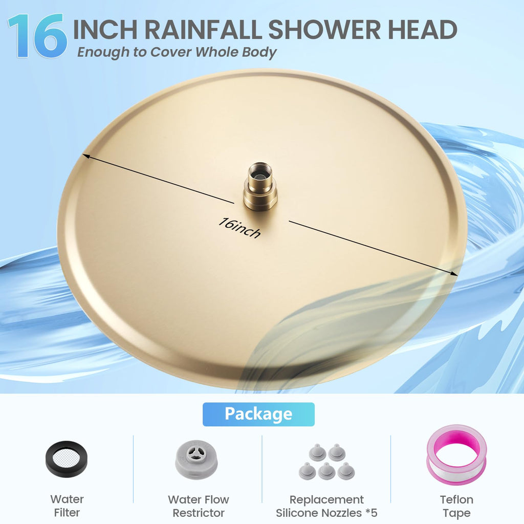 16 inch Brushed Gold Round Rain Shower Head, All Metal Stainless Steel 304, Ultra Thin Design, Full Body Rainfall