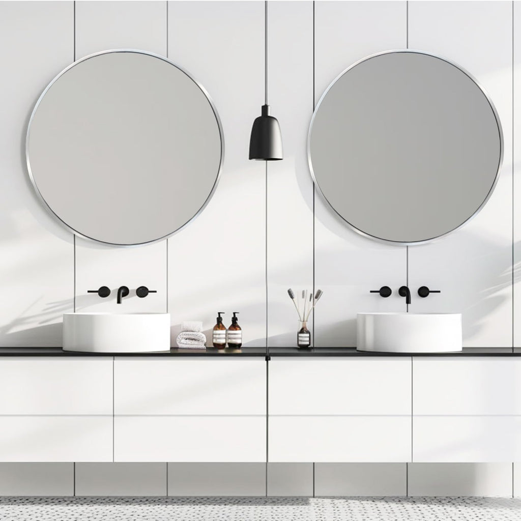 24 inch Silver Circle Mirror, Round Mirror, Brushed Nickel, Chrome