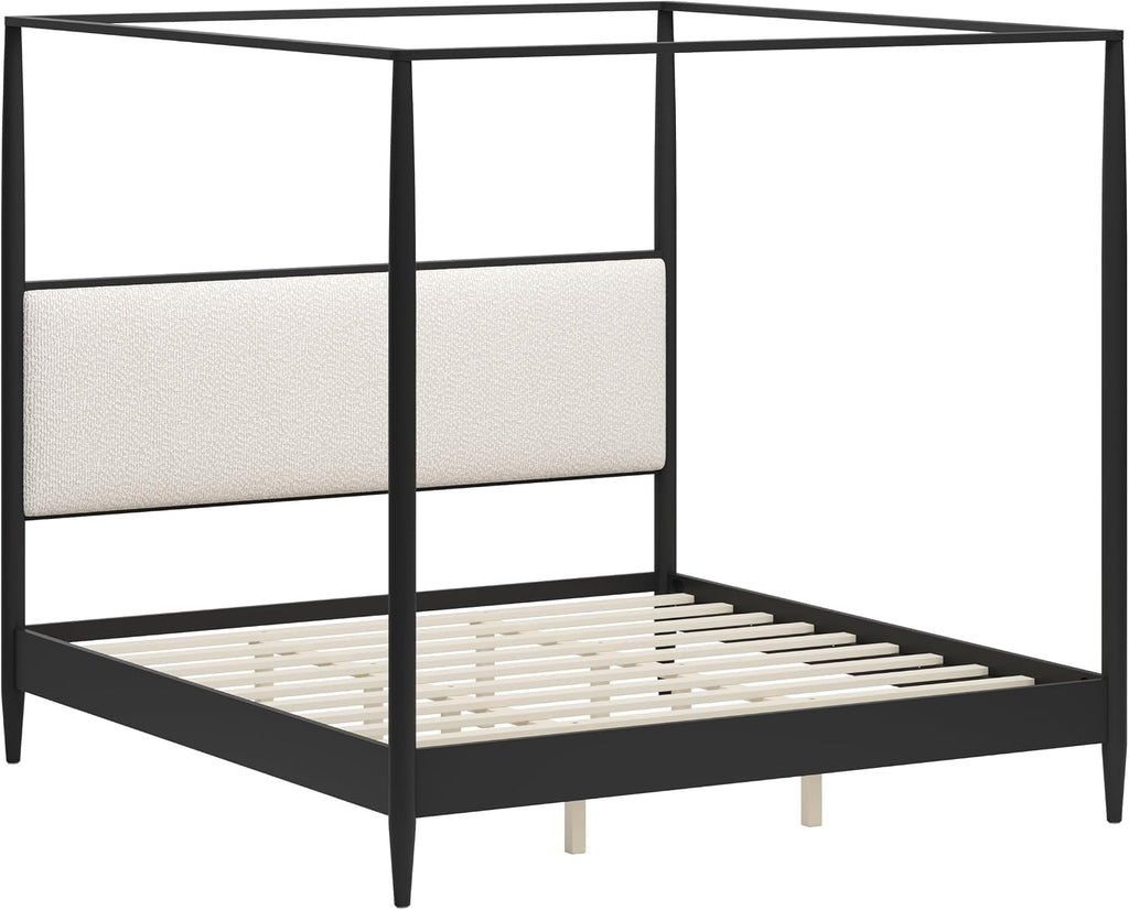 Solid Wood Canopy Bed Frame with Upholstered Headboard