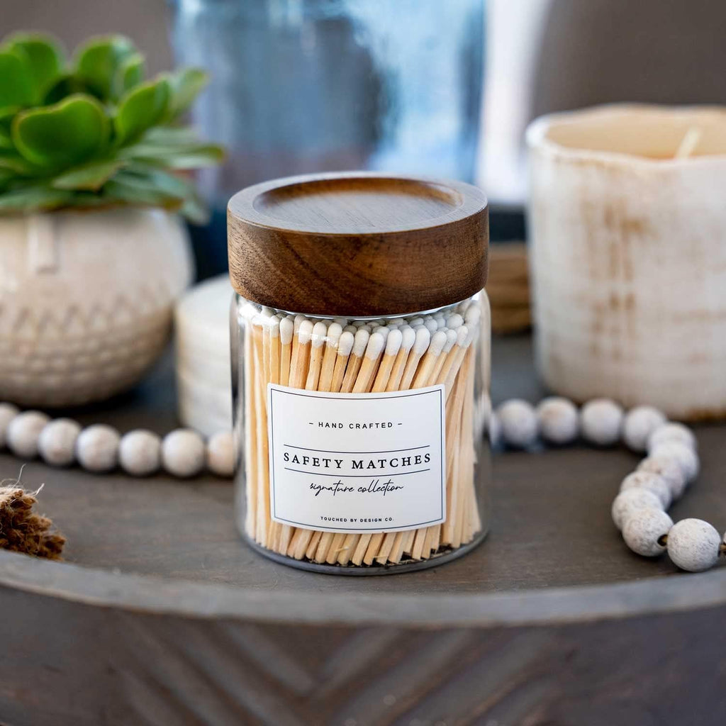 Touched By Design Co Signature Decorative Match Holder w Approx 150 White 3" Matches in a Jar | Glass Match Bottle