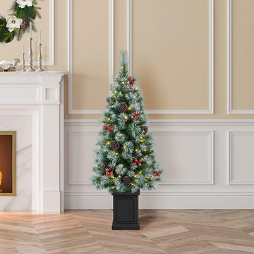 4ft Potted Pre-Lit Artificial Christmas Tree, Small Porch Christmas Tree with 3D Needles, Pinecones and Red Berries