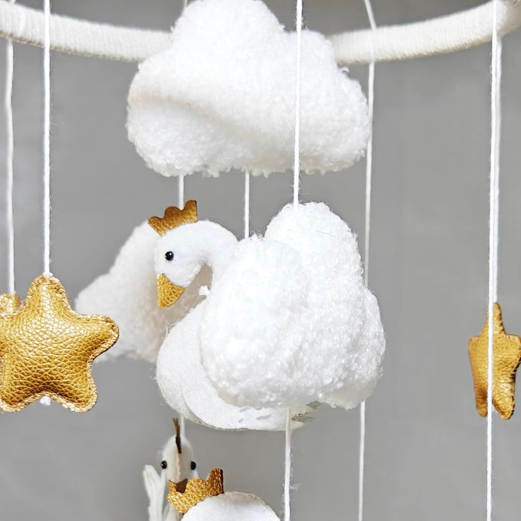 Baby Mobile White Swans with Golden Crowns Felt Clouds Baby Mobile for Crib Boys Girls Neutral Baby Gift Hanging